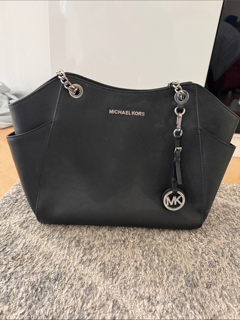 MICHAEL KORS Black/Silver accent Saffiano Leather Shoulder Tote with MK Charm